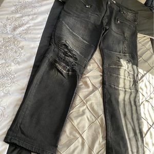 Crisp Denim | Black Distressed Knee Washed Denim | Straight Leg | Men’s 42 x 30